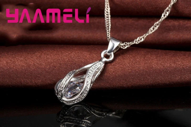 925 Sterling Silver Plated Water Drop Jewelry Set with Necklace and Hoop Earrings