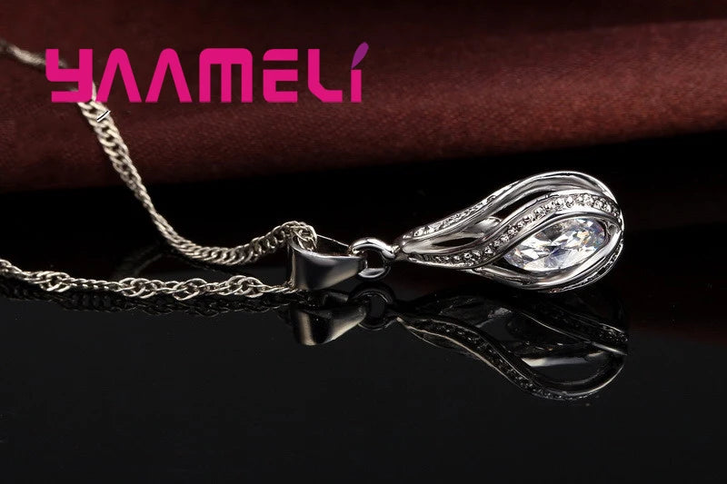 925 Sterling Silver Plated Water Drop Jewelry Set with Necklace and Hoop Earrings