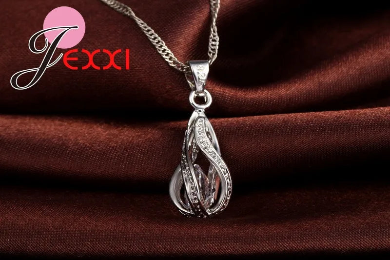 925 Sterling Silver Plated Water Drop Jewelry Set with Necklace and Hoop Earrings