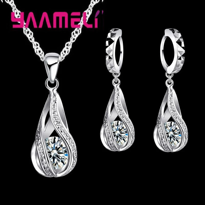 925 Sterling Silver Plated Water Drop Jewelry Set with Necklace and Hoop Earrings