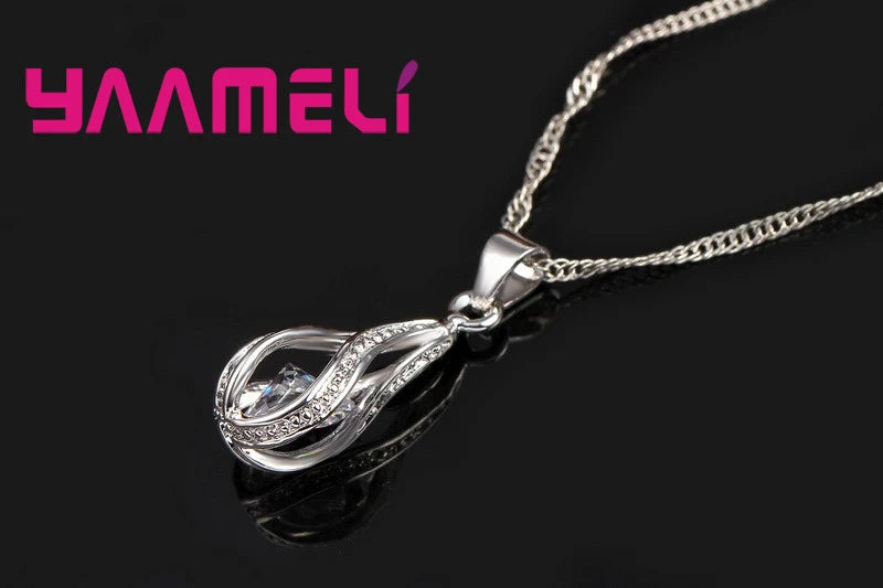 925 Sterling Silver Plated Water Drop Jewelry Set with Necklace and Hoop Earrings