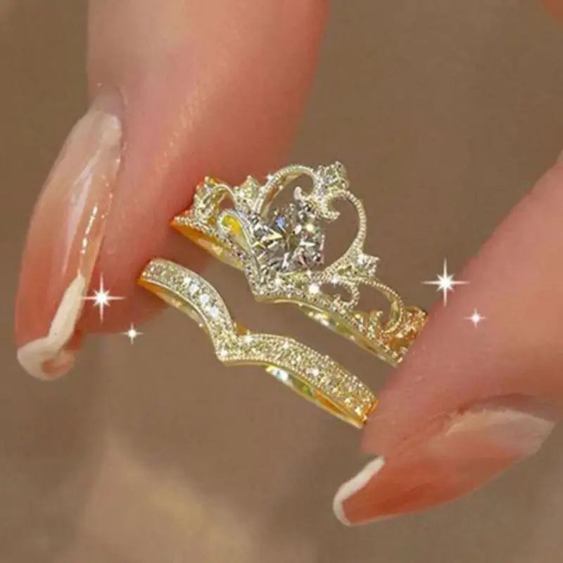 2-Piece Adjustable Sparkling Crystal Fairy Crown Ring Set
