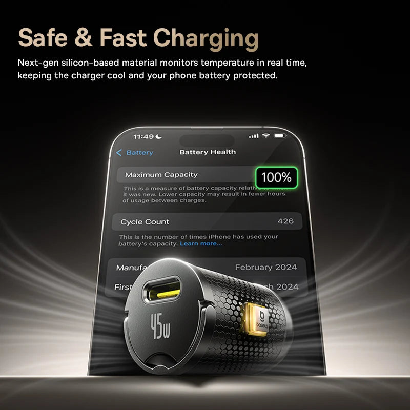 Baseus 45W Mini Car Charger with UFCS PPS PD Fast Charging