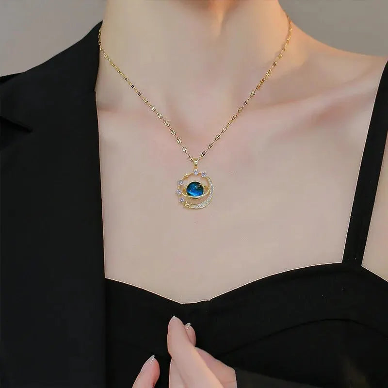 Stainless Steel Star and Moon Planet Clavicle Necklace