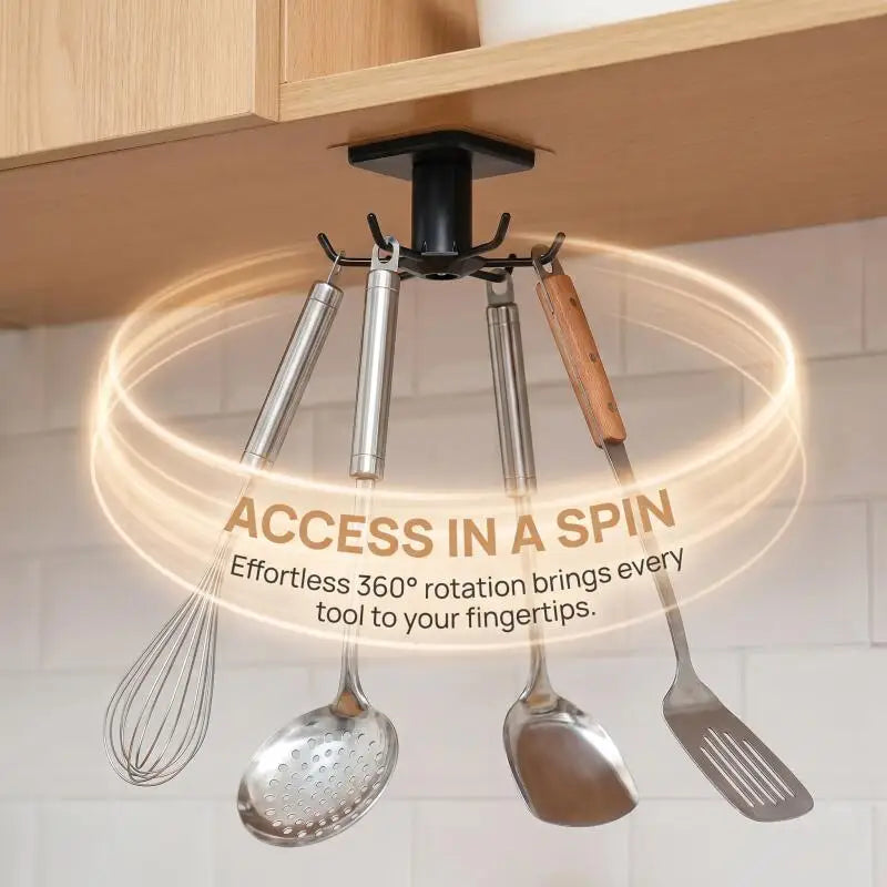 360° Rotating Adhesive Kitchen Utensil Rack with 6 Hooks