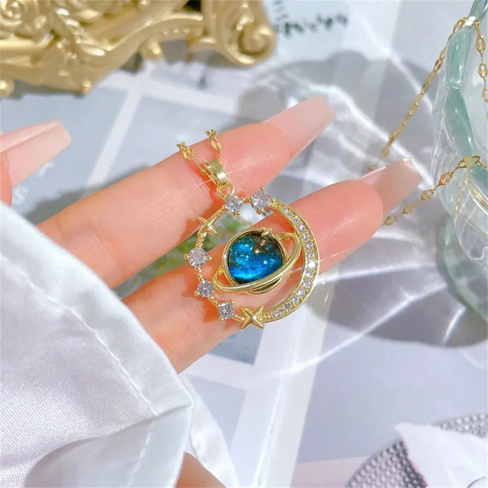 Stainless Steel Star and Moon Planet Clavicle Necklace