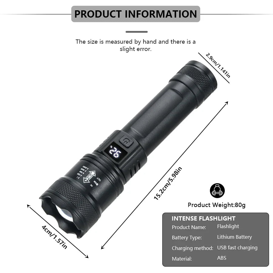 2000LM Tactical LED Flashlight with USB Charging and Zoom Display