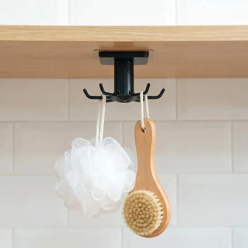 360° Rotating Adhesive Kitchen Utensil Rack with 6 Hooks
