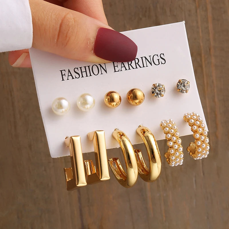 Vintage Gold Geometric Pearl and Metal Twine Dangle Earrings Set