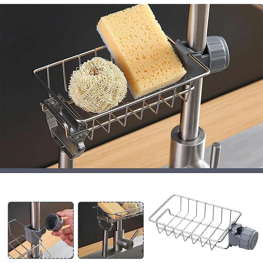 Adjustable Rotatable Hanging Faucet Rack for Kitchen Sink Sponges and Brushes