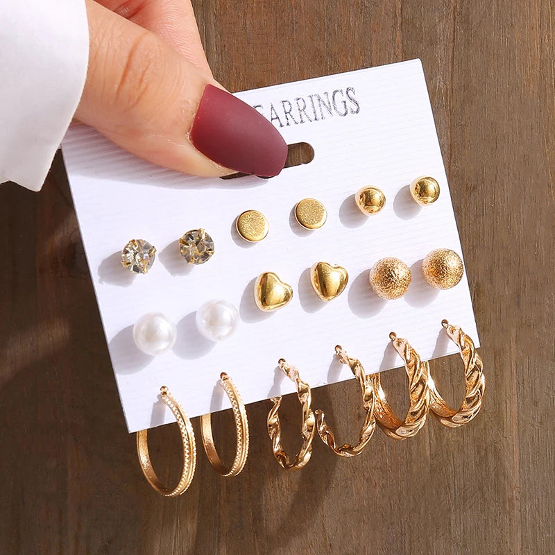 Vintage Gold Geometric Pearl and Metal Twine Dangle Earrings Set