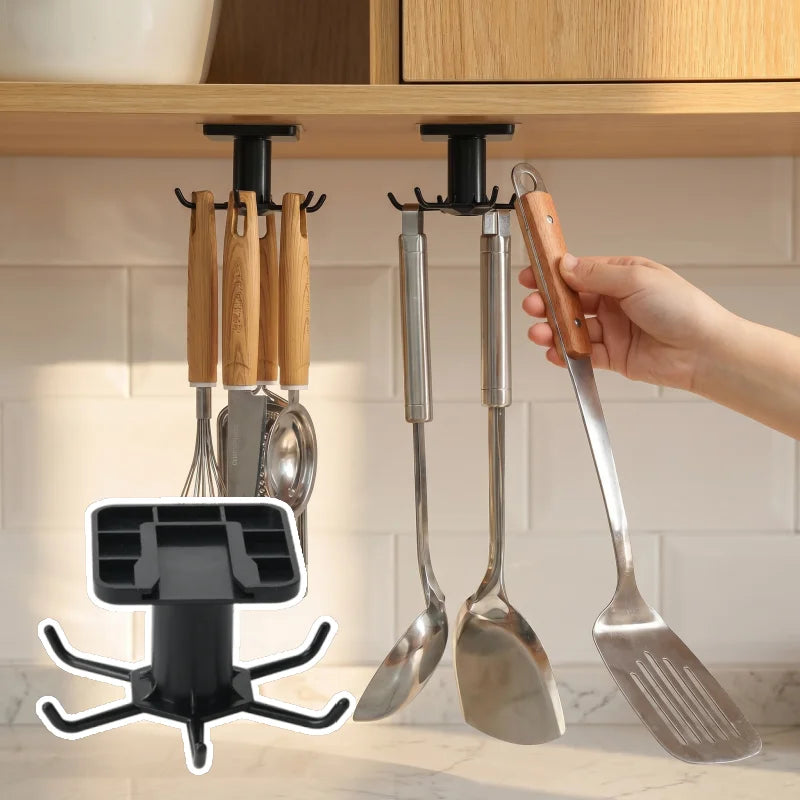 360° Rotating Adhesive Kitchen Utensil Rack with 6 Hooks
