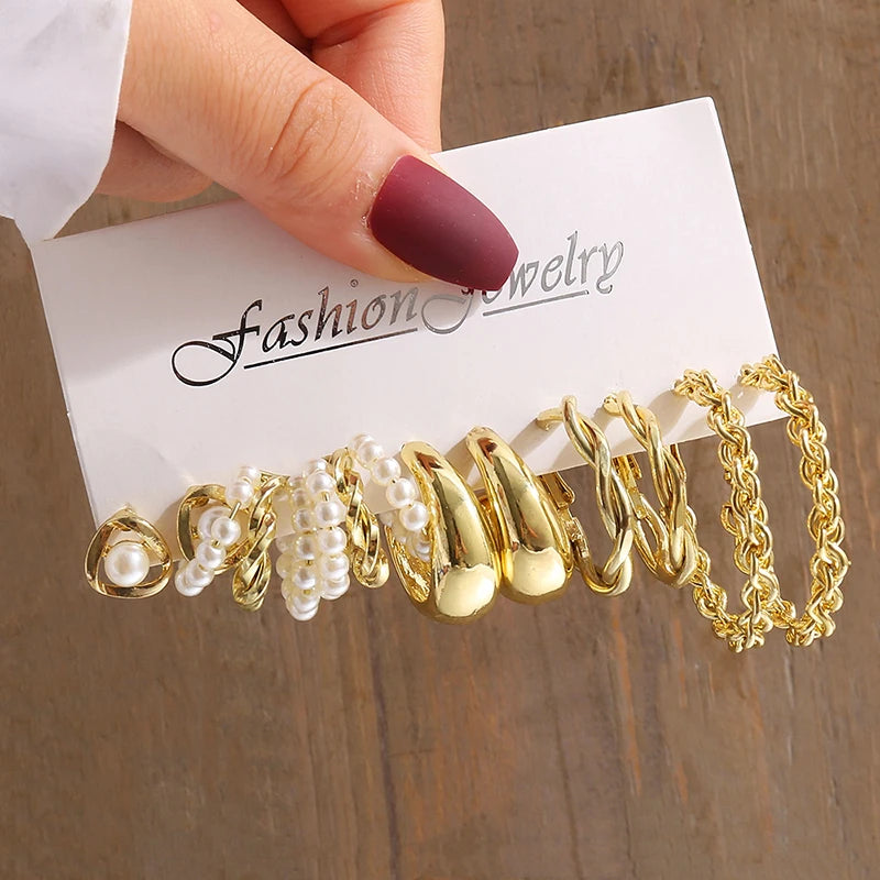 Vintage Gold Geometric Pearl and Metal Twine Dangle Earrings Set