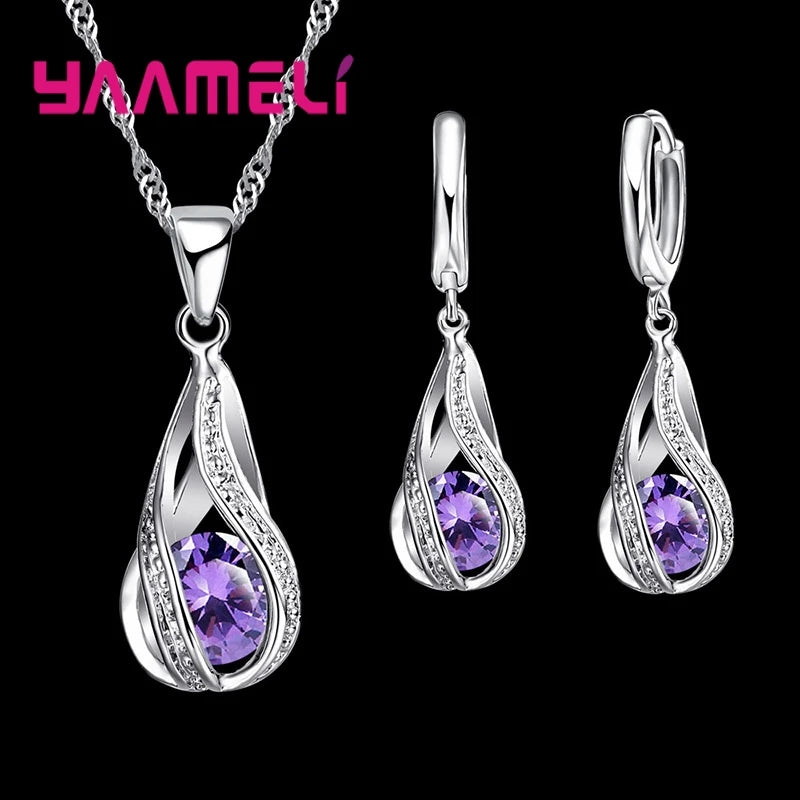 925 Sterling Silver Plated Water Drop Jewelry Set with Necklace and Hoop Earrings