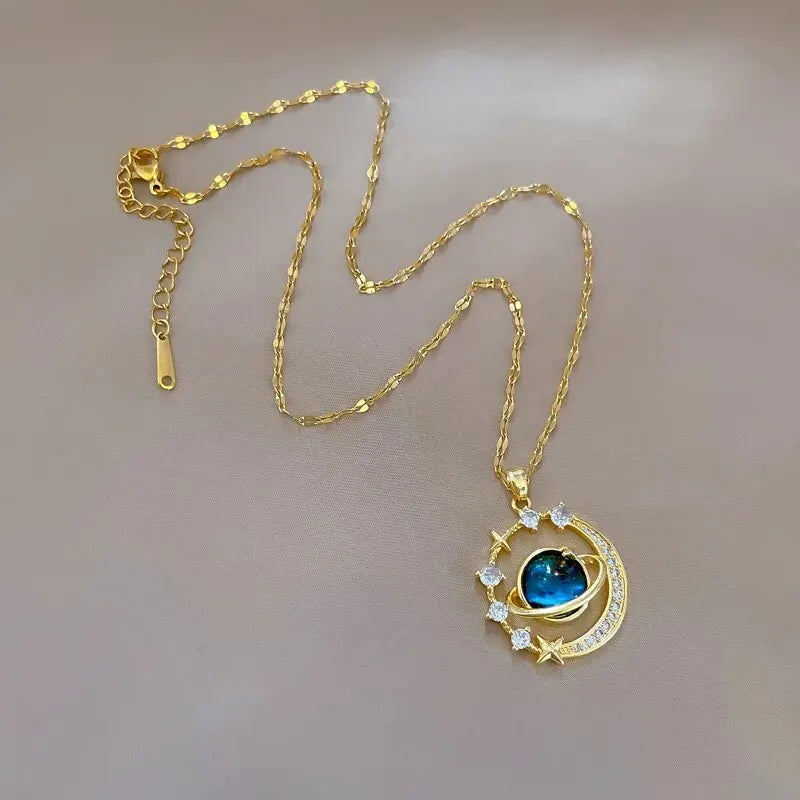 Stainless Steel Star and Moon Planet Clavicle Necklace
