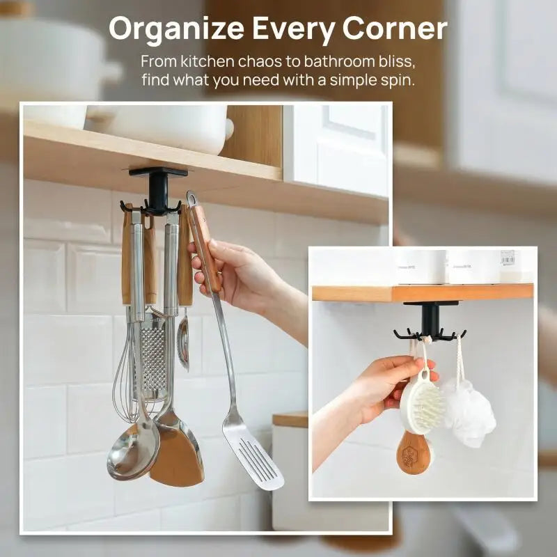 360° Rotating Adhesive Kitchen Utensil Rack with 6 Hooks