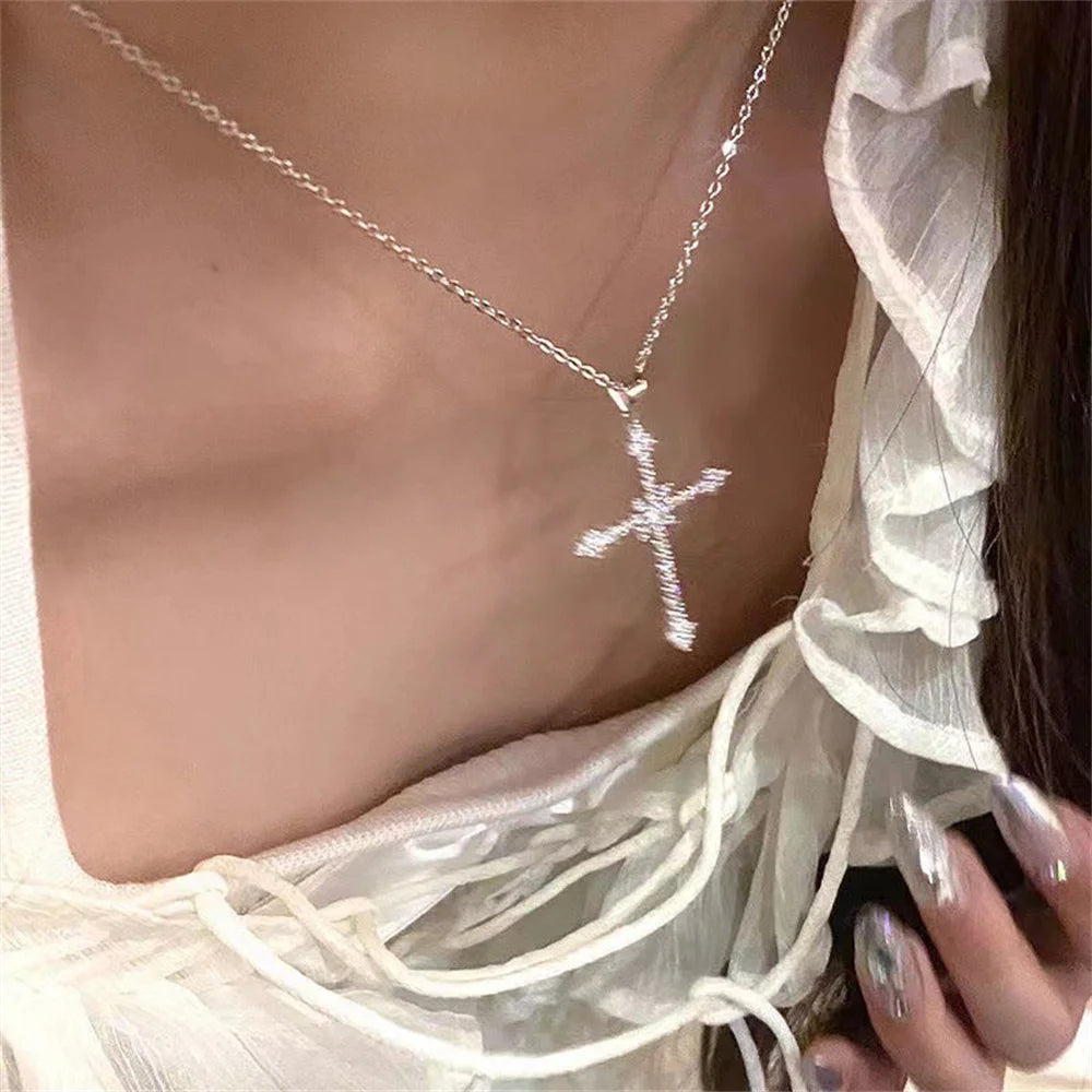 Elegant Crystal Cross and Star Pendant Necklace in Silver Color