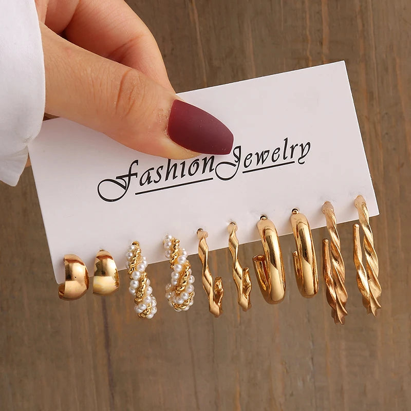 Vintage Gold Geometric Pearl and Metal Twine Dangle Earrings Set