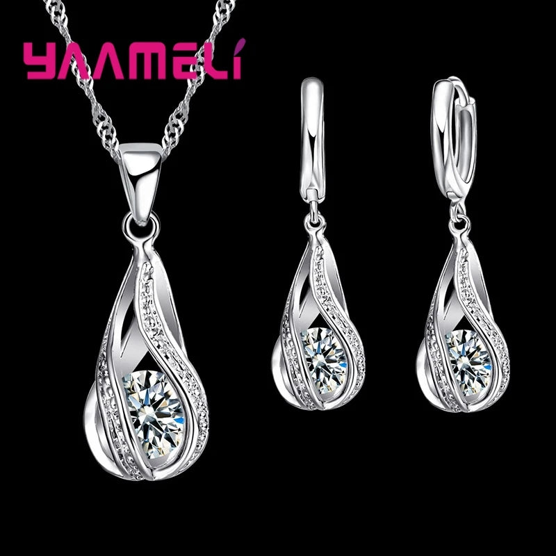 925 Sterling Silver Plated Water Drop Jewelry Set with Necklace and Hoop Earrings