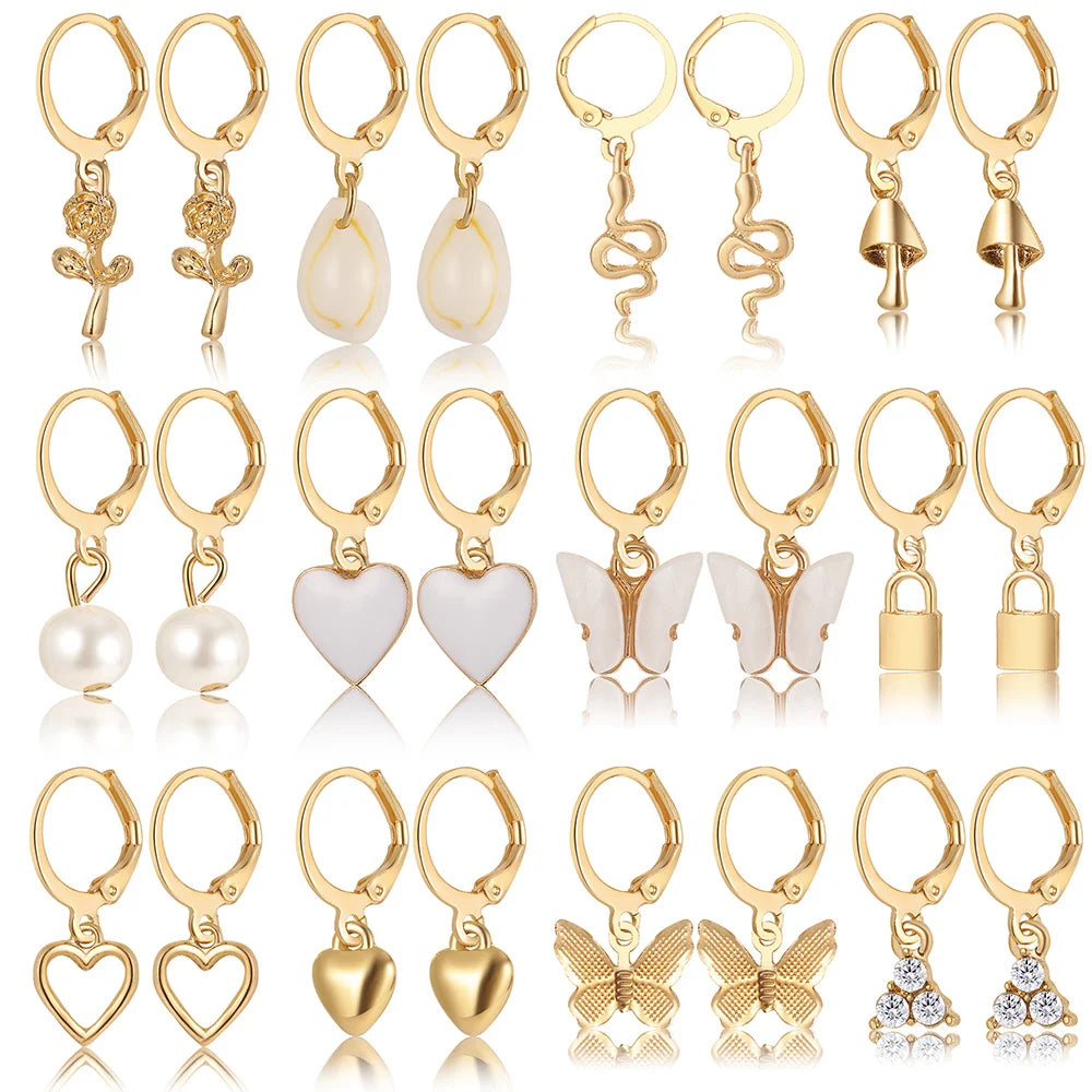 Gold Butterfly and Heart Pearl Dangle Hoop Earrings Set