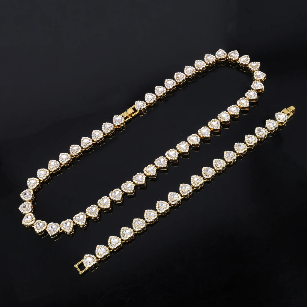Yupsk Heart Rhinestone Hip Hop Tennis Chain Necklace and Bracelet Set
