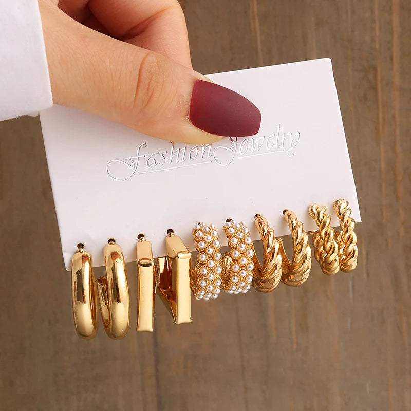 Vintage Gold Geometric Pearl and Metal Twine Dangle Earrings Set