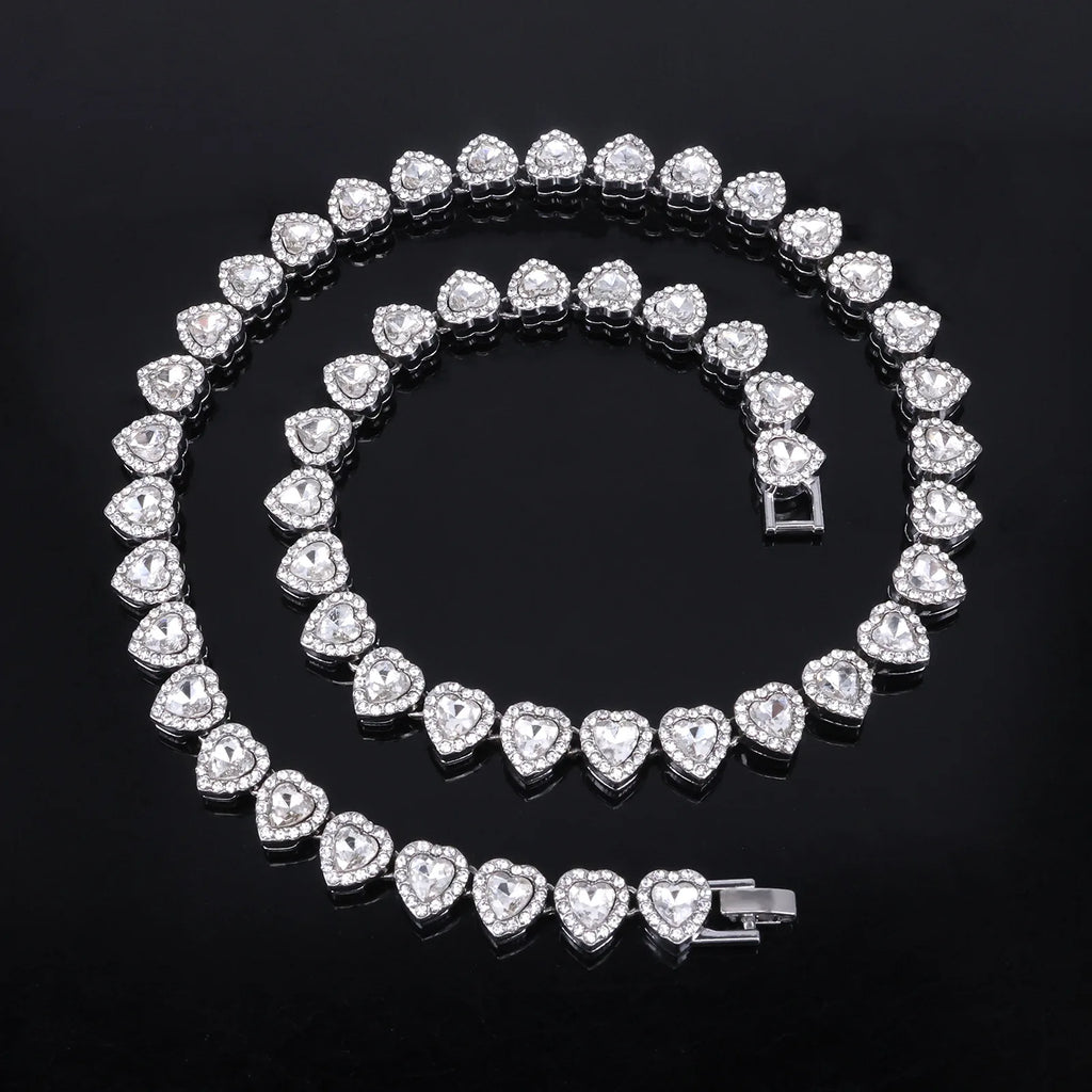 Yupsk Heart Rhinestone Hip Hop Tennis Chain Necklace and Bracelet Set