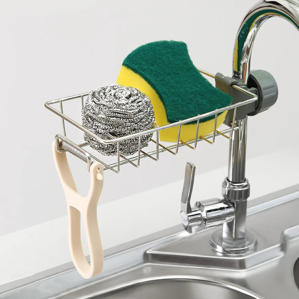 Adjustable Rotatable Hanging Faucet Rack for Kitchen Sink Sponges and Brushes