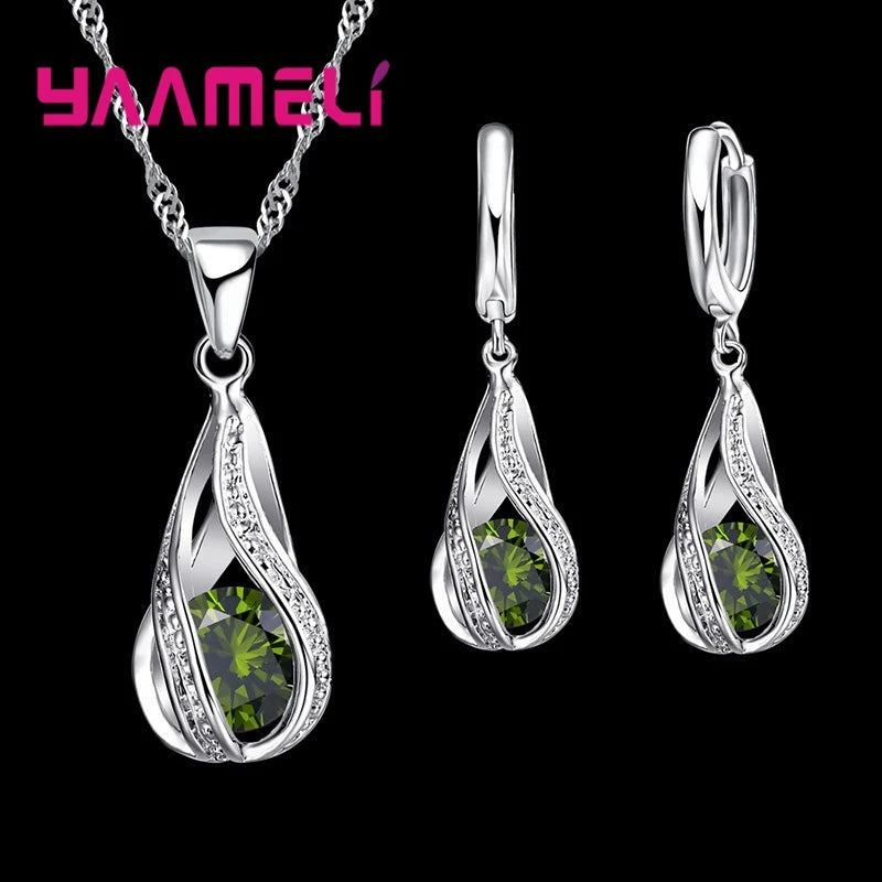 925 Sterling Silver Plated Water Drop Jewelry Set with Necklace and Hoop Earrings