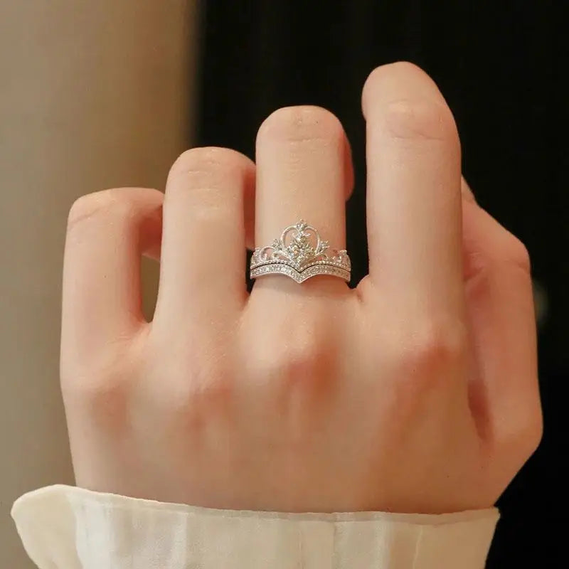 2-Piece Adjustable Sparkling Crystal Fairy Crown Ring Set