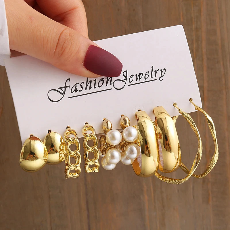 Vintage Gold Geometric Pearl and Metal Twine Dangle Earrings Set
