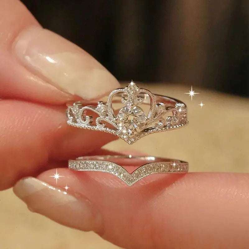 2-Piece Adjustable Sparkling Crystal Fairy Crown Ring Set