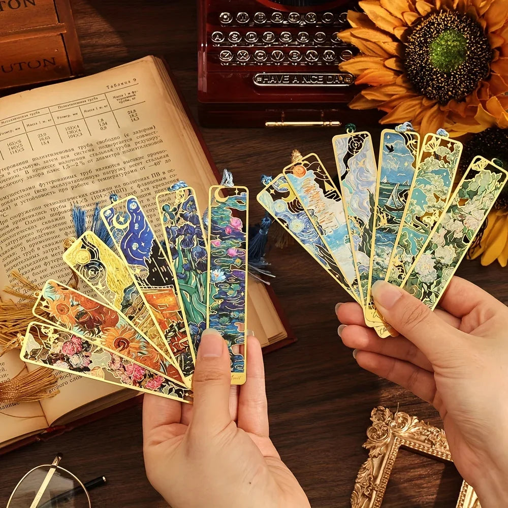 Vintage Oil Painting Metal Bookmark with Hollow Hot Stamping and Long Tassel