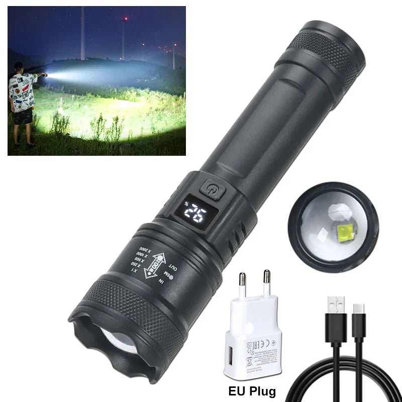 2000LM Tactical LED Flashlight with USB Charging and Zoom Display