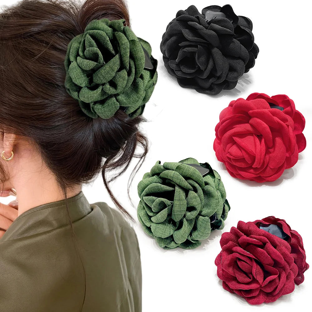Medium Cotton Rose Flower Hair Claw Clip for Women