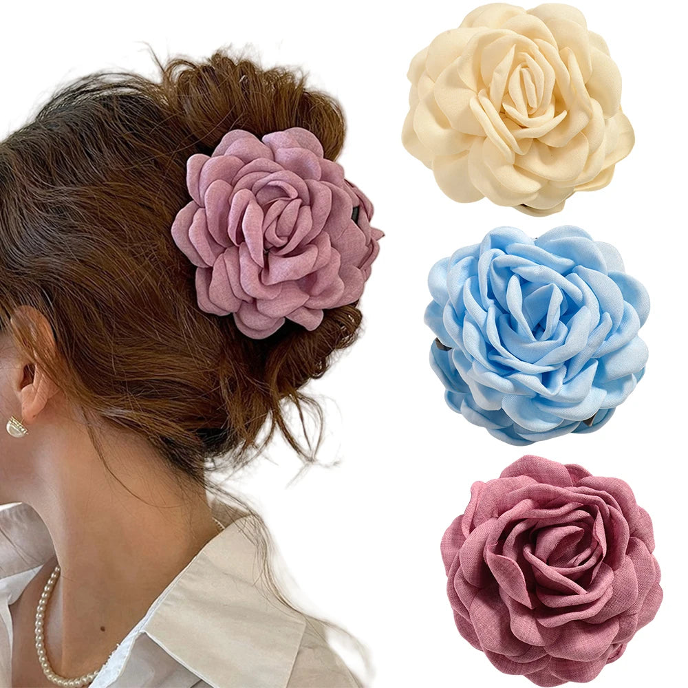 Medium Cotton Rose Flower Hair Claw Clip for Women