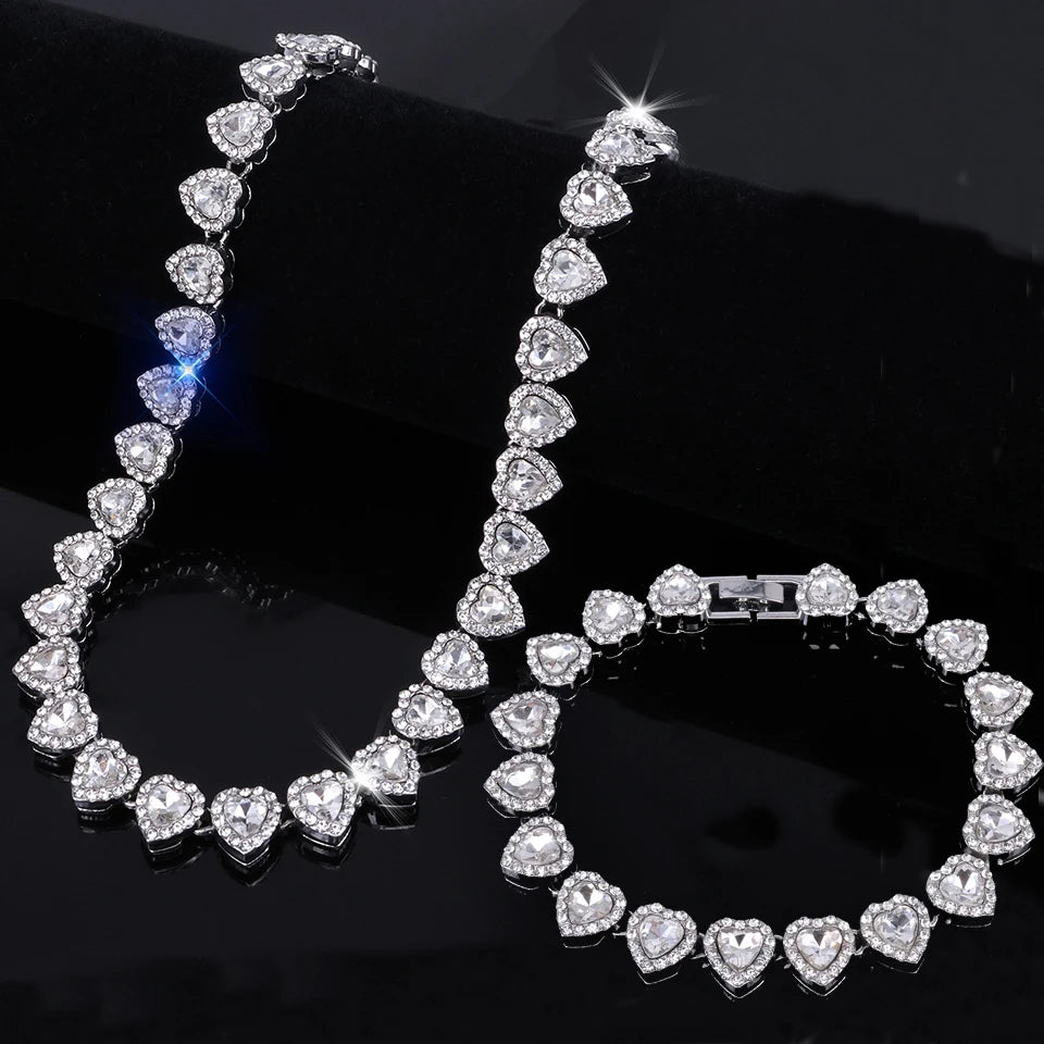 Yupsk Heart Rhinestone Hip Hop Tennis Chain Necklace and Bracelet Set
