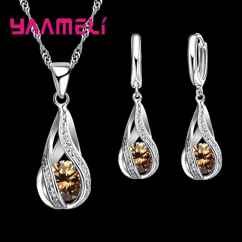 925 Sterling Silver Plated Water Drop Jewelry Set with Necklace and Hoop Earrings