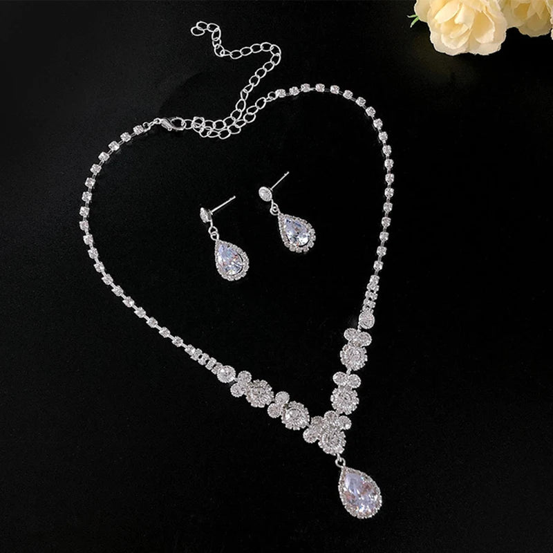 Women's Zircon Necklace and Dangle Earrings Wedding Jewelry Set