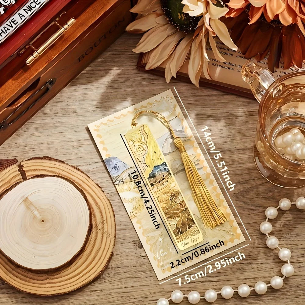 Vintage Oil Painting Metal Bookmark with Hollow Hot Stamping and Long Tassel