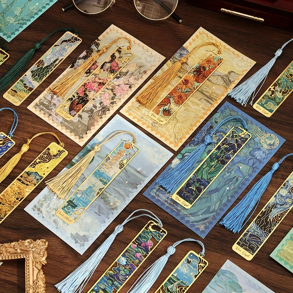 Vintage Oil Painting Metal Bookmark with Hollow Hot Stamping and Long Tassel