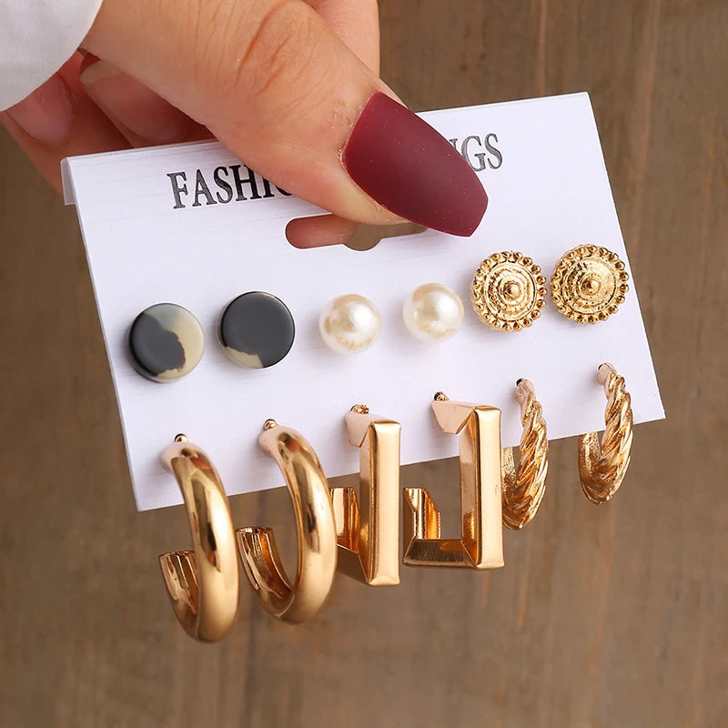 Vintage Gold Geometric Pearl and Metal Twine Dangle Earrings Set