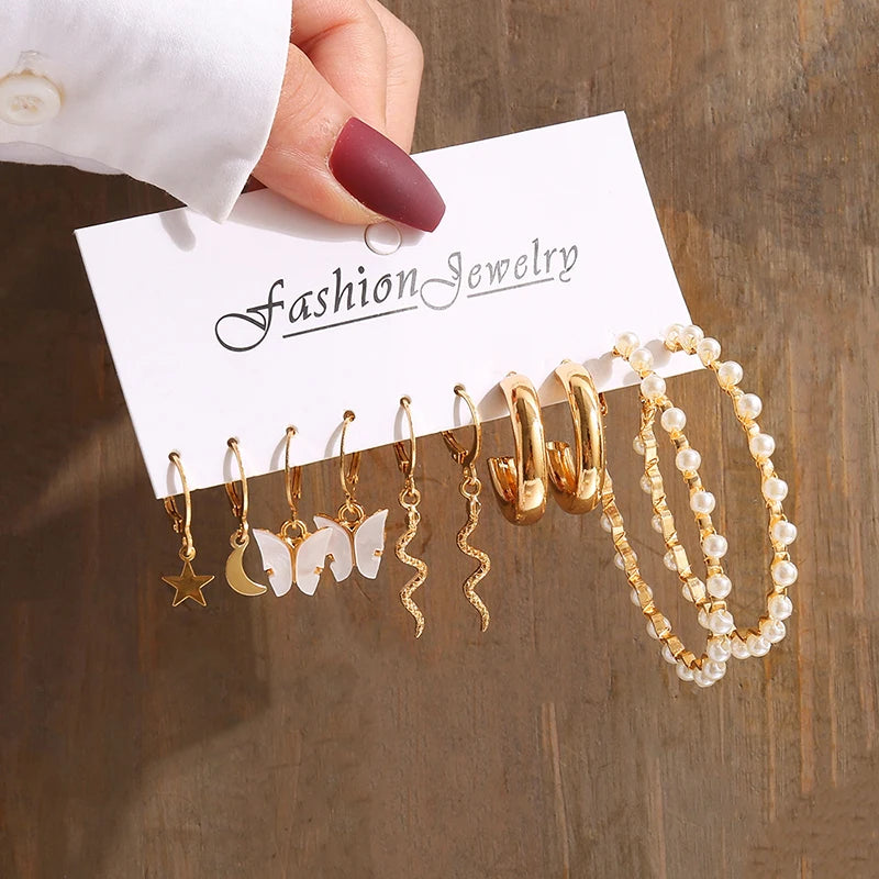 Vintage Gold Geometric Pearl and Metal Twine Dangle Earrings Set