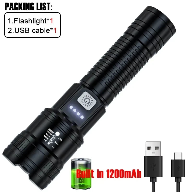 2000LM Tactical LED Flashlight with USB Charging and Zoom Display
