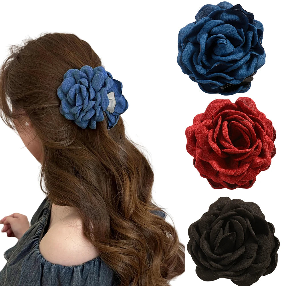 Medium Cotton Rose Flower Hair Claw Clip for Women