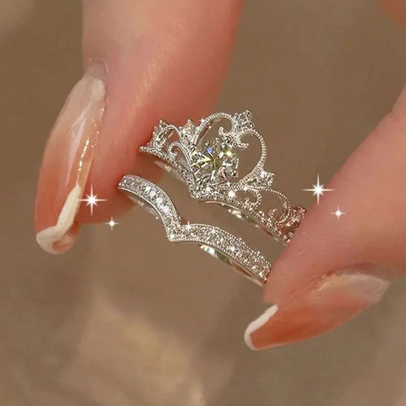 2-Piece Adjustable Sparkling Crystal Fairy Crown Ring Set