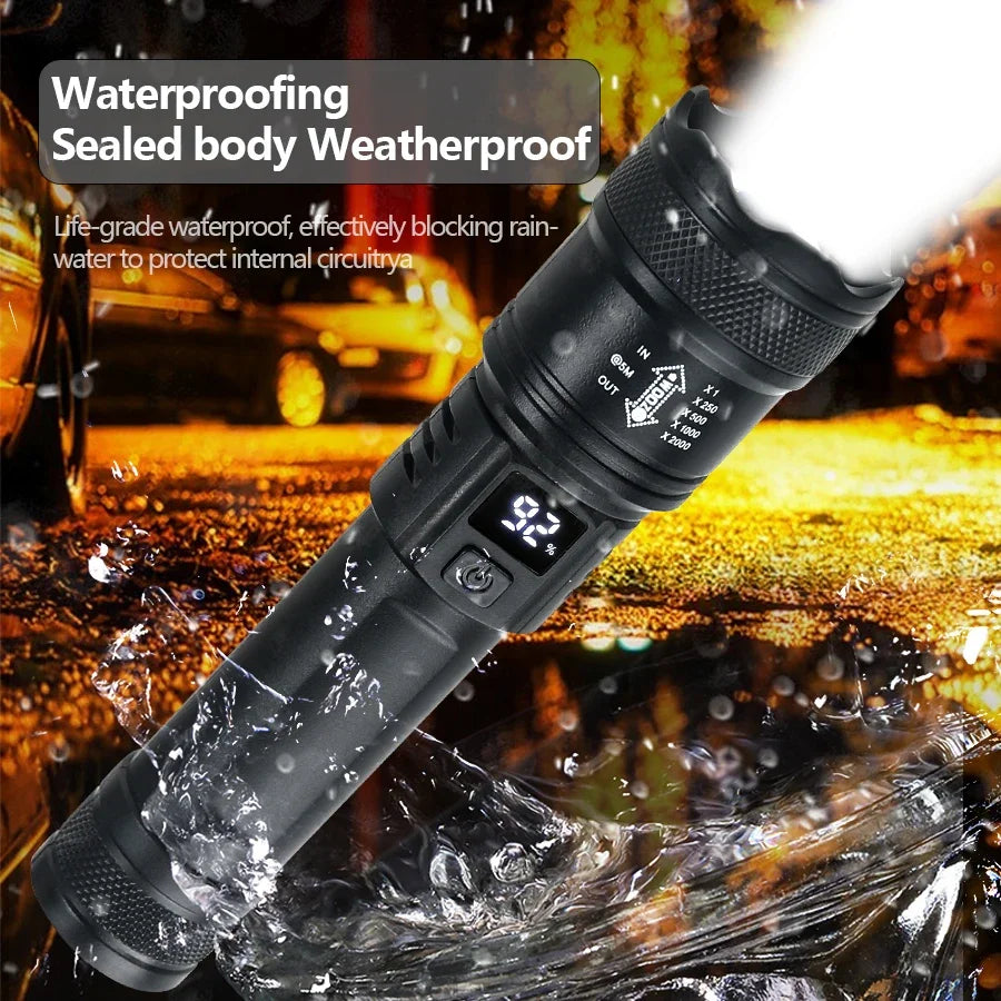 2000LM Tactical LED Flashlight with USB Charging and Zoom Display