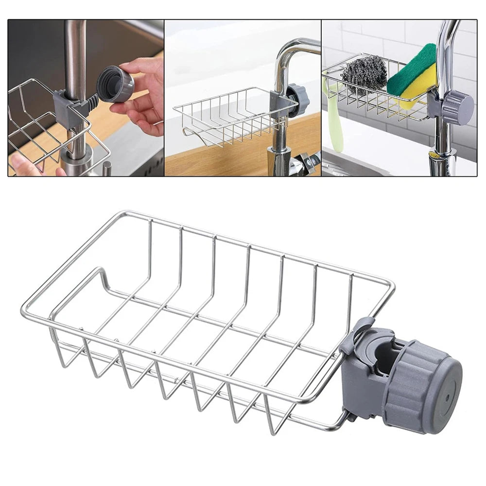Adjustable Rotatable Hanging Faucet Rack for Kitchen Sink Sponges and Brushes