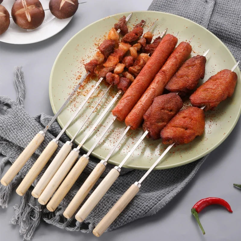 Reusable 304 Stainless Steel Barbecue Skewers with Wooden Handles