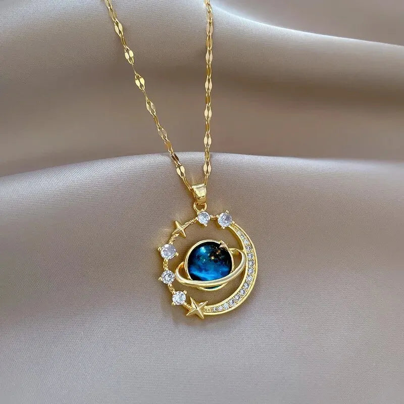 Stainless Steel Star and Moon Planet Clavicle Necklace